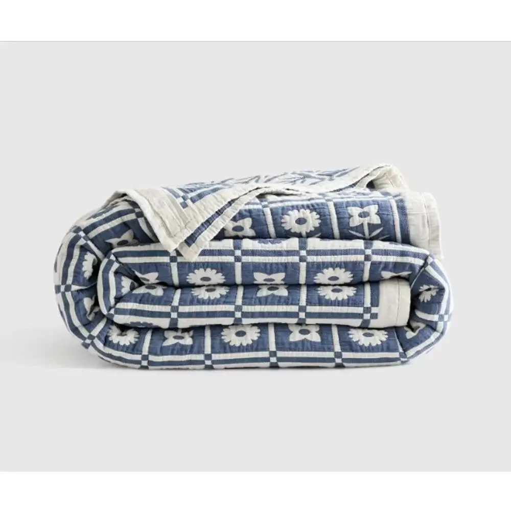 NEW QUINCE Organic Cotton Jacquard Floral Coverlet Blue King California King - Picture 1 of 9